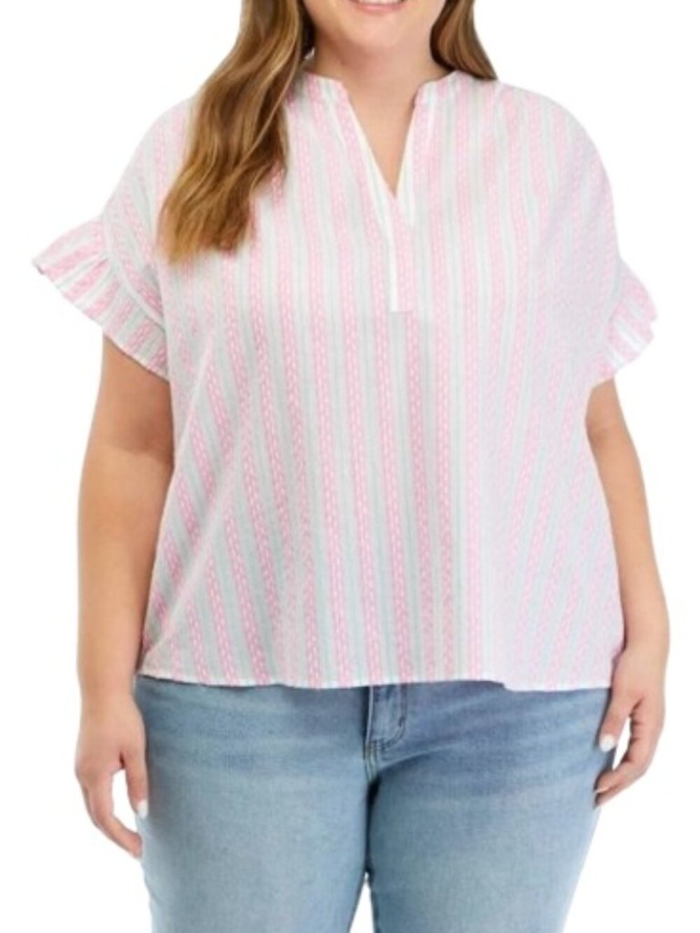 Crown & Ivy Multicolor Striped Blouse 100% Cotton Ruffle Short Sleeves V-Neck